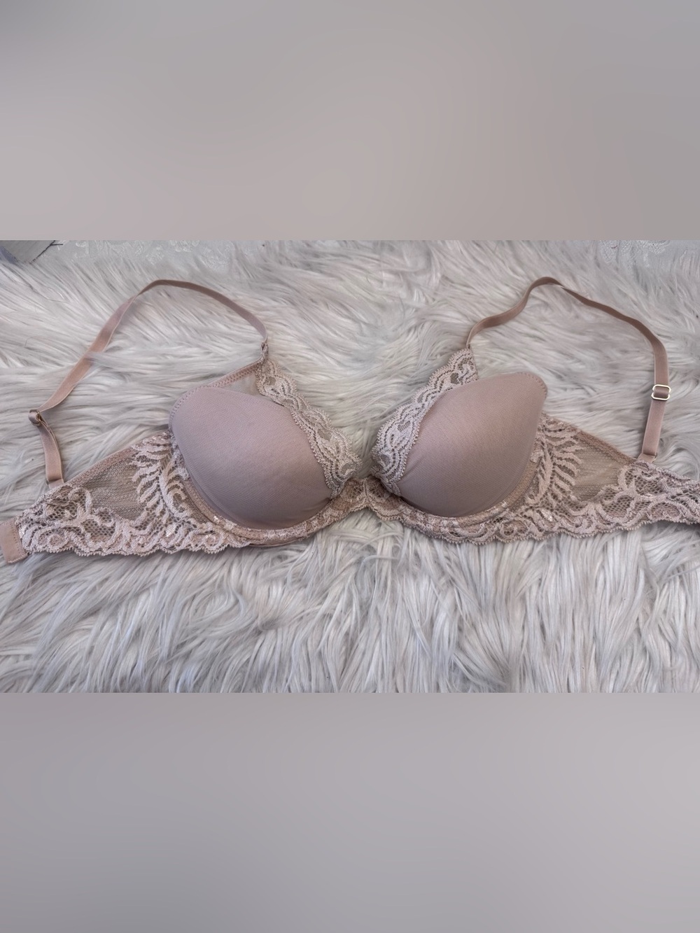 Natori Bra 32C Beige Feathers Plunge T Shirt Mesh Overlay Underwire Sexy - Picture 8 of 8